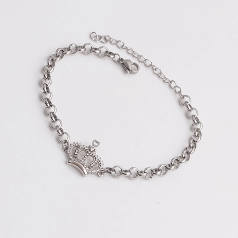 Bracciale Acciaio Inossidabile Ciondolo Corona Micro Pavé Zirconia Catena Regolabile Gioielli Moda Elegante Donna Argento