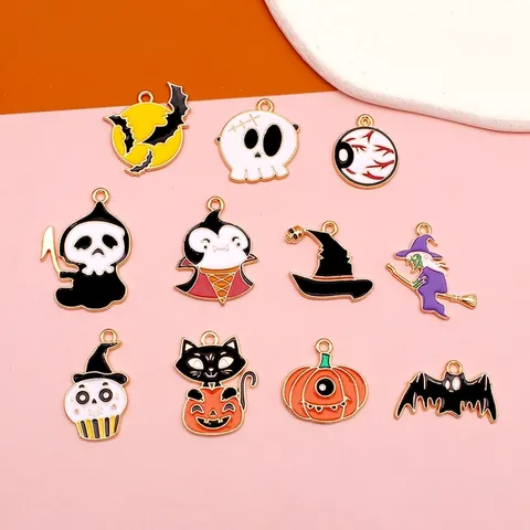 Halloween Alloy Enamel Charms Pumpkin Skull Bat Ghost Witch For DIY Necklace Earring Keychain Jewelry Making Accessories