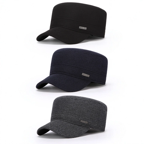 Herren Winter Warm Flache Kappe Dicke Twill Wolle Outdoor Winddicht Verstellbar Ohrenschutz Retro Militär Cadet Hut Vintage