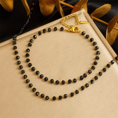 Gioielli Bohémien In Acciaio Inossidabile Con Perle In Resina Nera Collana E Bracciale Vintage Per Donna