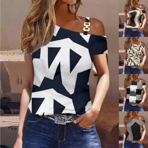 Damen Cold Shoulder T-Shirt Metallkette Schnalle Riemen Polyester Geometrischer Druck Slim Kurzarm Oberteil