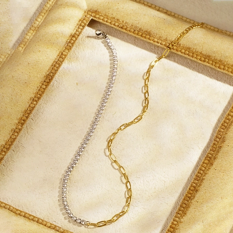 Asymmetric Stitching Necklace Stainless Steel Rhinestone Tennis Chain Gold Paperclip Link Trendy Jewelry For Women Chic
