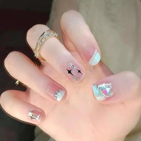 Press On Nails Short Square Milky White Glitter Gradient With Rhinestones And Stars Heart Decor For Women Elegant Style