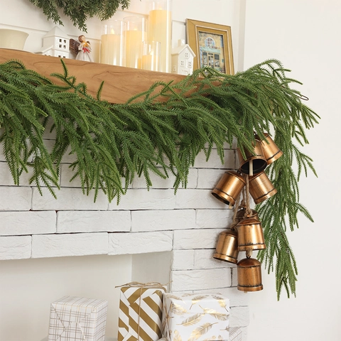 Christmas Artificial Norfolk Pine Garland Cedar Wreath Mantel Decor Festive Greenery With Bells Hemp Rope Plastic Iron Wire