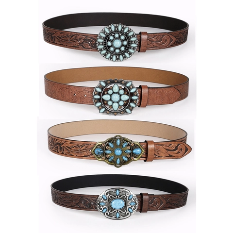 Women Vintage Bohemian Waist Belt Embossed PU Leather Strap Artificial Turquoise Inlaid Large Metal Buckle Western Cowboy Decorative Belt