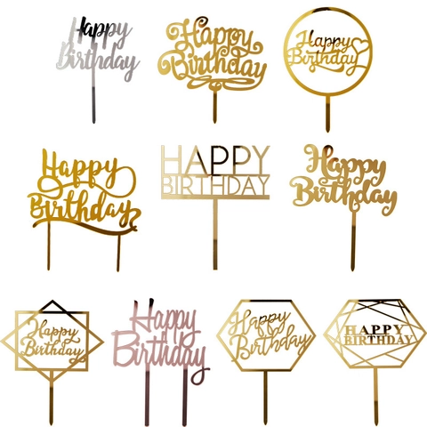 Acrylic Happy Birthday Cake Topper For Party Baking Decoration Mirror Gold Silver Rose Gold Elegant Design Accessory