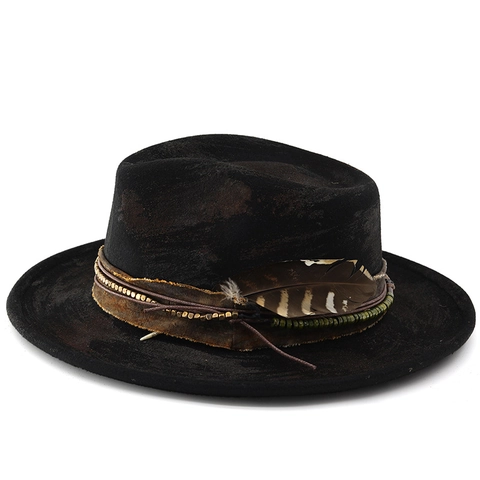 Western Cowboy Fedora Hat Distressed Felt With Feather And Leather Band Ethnic Retro Wide Brim Jazz Cap Unisex