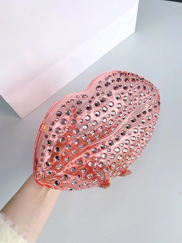 Lip Shaped Evening Bag Rhinestone Acrylic Hard Shell Party Clutch Handbag For Women With Detachable Chain Strap