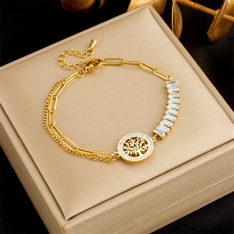 Fashion Tree Of Life Stainless Steel Bracelet For Women Gold Plated Irregular Chain Baguette Rhinestone Charm Jewelry Gift