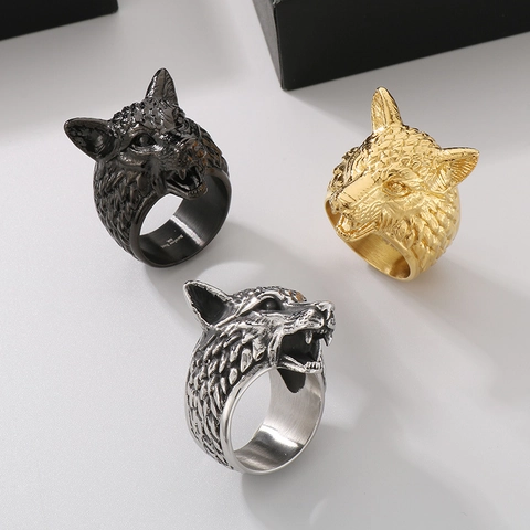 Bague Tête de Loup en Acier Inoxydable Rétro pour Homme Viking Punk Animal Sculpté Statement Band Ring Gothique Moto Fête Bijoux