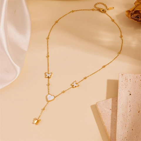 Elegante Collana Con Pendente A Farfalla E Cuore Acciaio Inossidabile Placcato Oro Con Madreperla Catena Clavicola A Y Donna