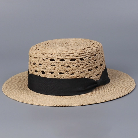 Elegant Raffia Straw Boater Hat For Women Summer Beach Sunshade Breathable Hollow Design Flat Top Wide Brim Ribbon Bow