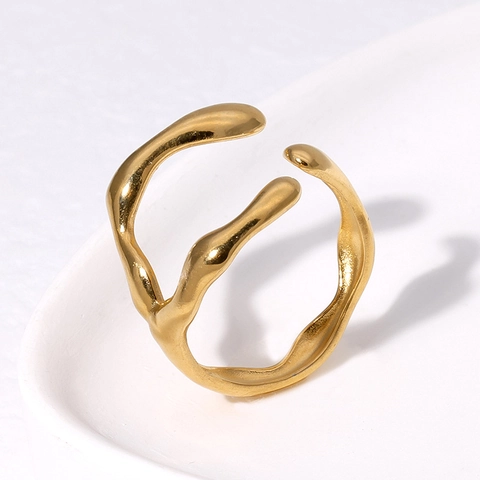 Irregular Stainless Steel Open Ring For Women Minimalist Liquid Metal Lava Geometric Adjustable Jewelry Ins Style