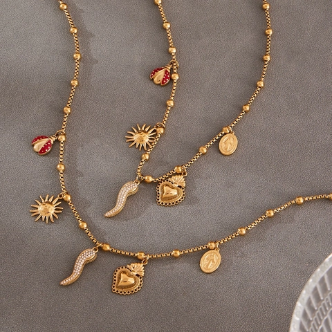 18K Gold Plated Stainless Steel Pendant Necklace With Ladybug Sun Heart Cornicello Zircon Charms For Women Vintage Jewelry