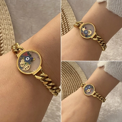Edelstahl Evil Eye Hamsa Hand Armband Vergoldet Panzerkette Hohle Scheibe Anhänger Damen Modeschmuck Verstellbar