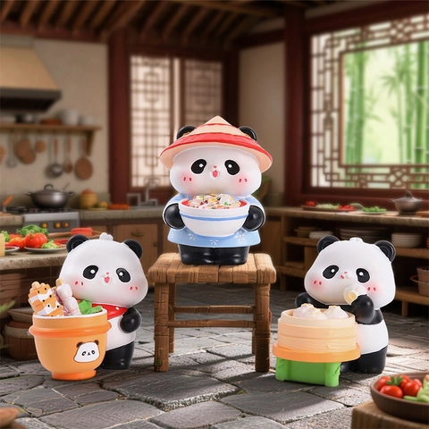 Cute Cartoon Panda Figurine Resin Desktop Ornament Chinese Style Gourmet Blind Surprise Gift Home Office Decor