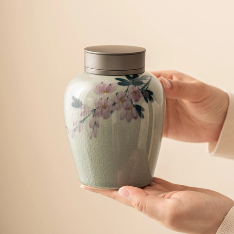Barattolo Per Tè In Ceramica Smalto Craquelé Dipinto A Mano Magnolia Contenitore Con Coperchio In Metallo Ermetico