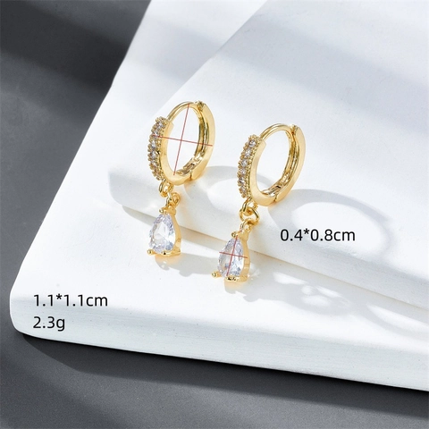 Pendientes Colgantes Zirconia Corte Pera Latón Chapado En Oro 14K Huggie Hoop Gota De Agua Elegante Mujeres