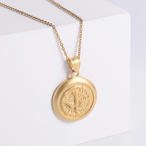 Runde Münze Friedenstaube Anhänger Halskette Für Damen 304 Edelstahl 18K Vergoldet Relief Vogel Minimalistischer Schmuck
