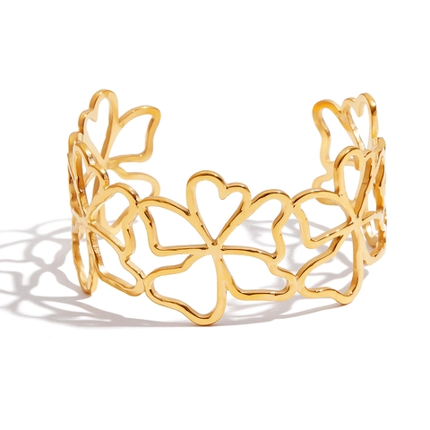 Brazalete Abierto Flores Huecas Acero Inoxidable Chapado Oro 18K Impermeable Hipoalergénico Joyería Retro Mujer