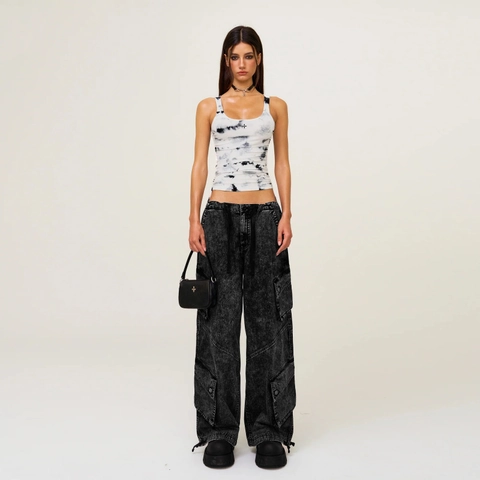 Women Tie Dye Tank Top Ribbed Cotton Slim Fit Drawstring Side Cropped Gothic Streetwear Sleeveless Vest