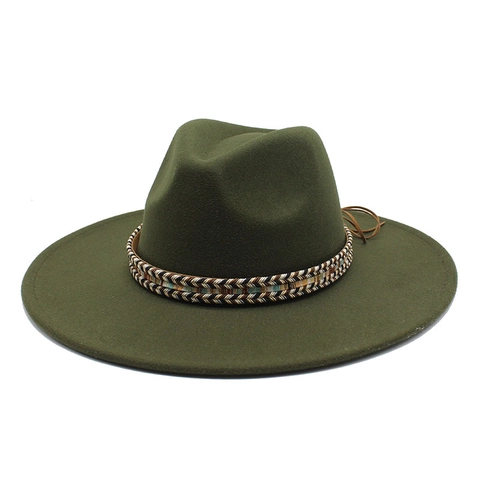 Wide Brim Fedora Hat Woolen Felt Jazz Hat For Men Women With Ethnic Woven Band Vintage Bohemian Style Travel Sun Hat