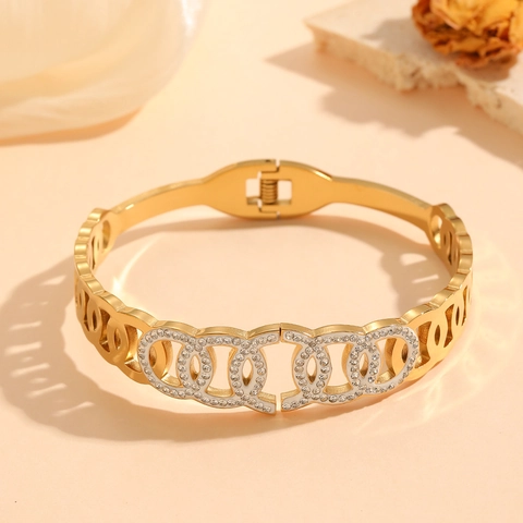 Ineinandergreifende Kreise Armreif Edelstahl Vergoldet Mit Strass Geometrischer Modeschmuck Für Damen