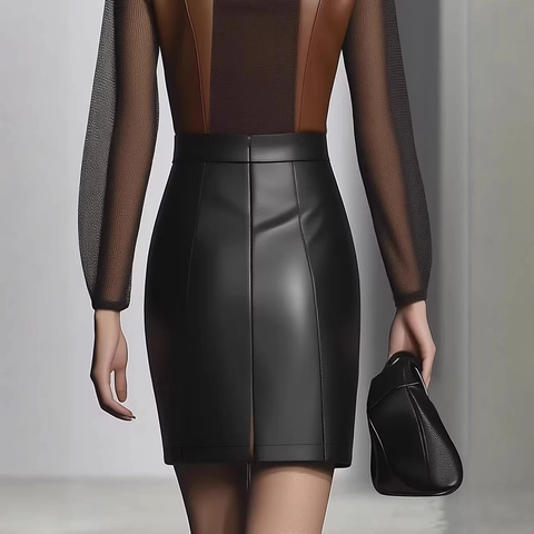 Women PU Leather High Waisted Pencil Skirt Solid Color Mini Bodycon Office Commuter Skirts