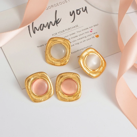 Square Stud Earrings Stainless Steel With Pink White Cat's Eye Stone Gold Plated Ribbed Geometric Vintage Jewelry For Women