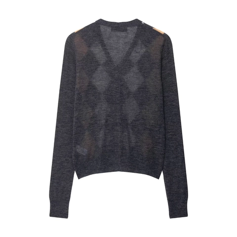 Cardigan In Maglia Di Poliestere Con Motivo A Rombi Scollo A V Manica Lunga Maglione Casual Donna Tops