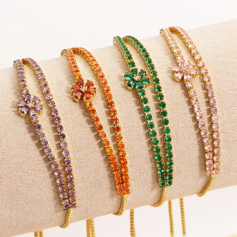 Zircon Flower Adjustable Sliding Bracelet 18K Gold Plated Double Row Tennis Jewelry For Women Sweet Style