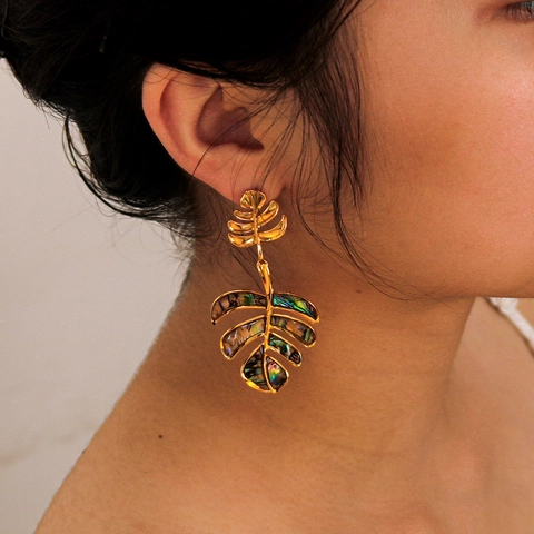 Monstera Leaf Dangle Earrings 18K Gold Plated Stainless Steel Inlaid Abalone Shell Tropical Statement Jewelry For Women