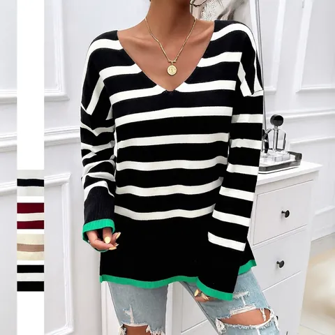 Gestreepte Trui Met V-Hals Voor Dames Lange Mouwen Gebreid Contrastrand Casual Losse Top