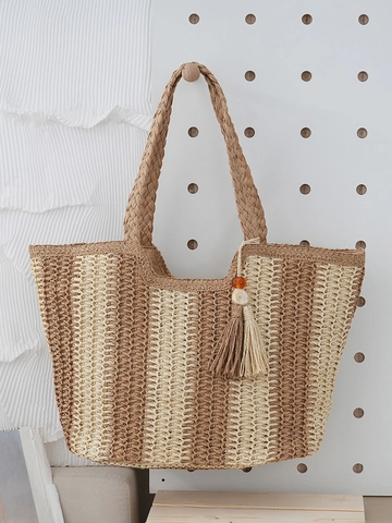 Damen Stroh Gewebte Tragetasche Vertikale Streifen Papierschnur Große Kapazität Sommer Strand Schulter Handtasche Mit Quaste