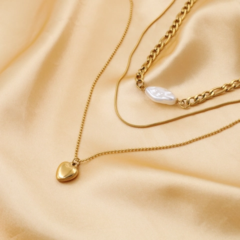 Three Layered Necklace 18K Gold Plated Stainless Steel Artificial Baroque Pearl Heart Pendant French Vintage Elegant Jewelry Women