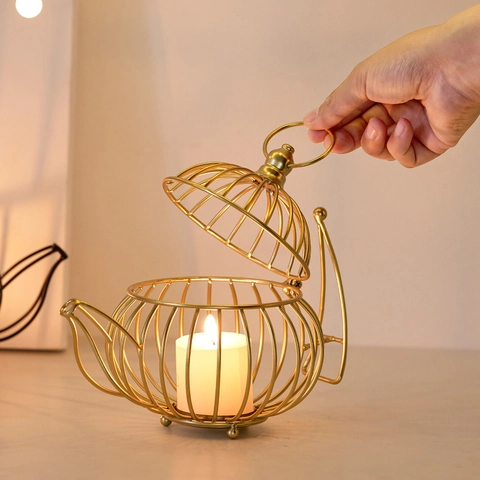 Teapot Shape Metal Iron Candle Holder Hollow Birdcage Design Nordic Style Retro Tabletop Decorative Centerpiece Living Room