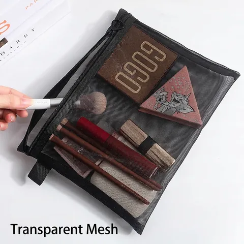 Mesh Makeup Bag Nylon Transparent Zipper Portable Travel Toiletry Organizer Stationery Pencil Pouch Women Students
