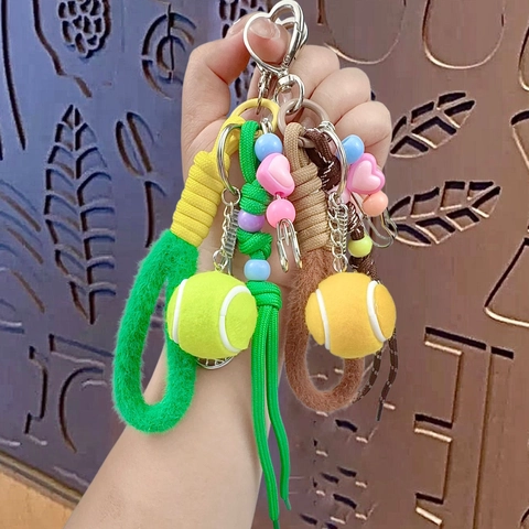 Portachiavi Palla Racchetta Da Tennis Metallo Feltro Mini Sport Charm Borsa Corda Intrecciata Moschettone Cuore Colorato