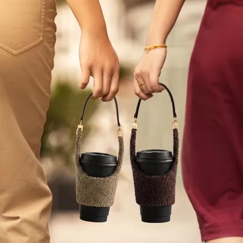 Coffee Cup Sleeve Lamb Velvet Portable PU Leather Handle Thermal Insulated Drinkware Cover Outdoor Travel Accessories