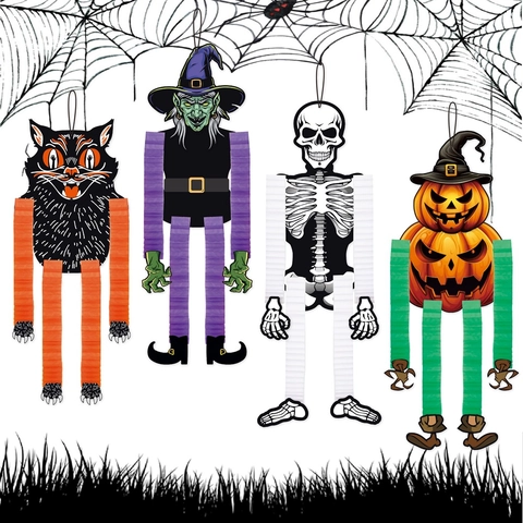 Decorazioni Appese Di Halloween Carta Strega Scheletro Zucca Gatto Nero Con Membri Estensibili Per Festa Halloween