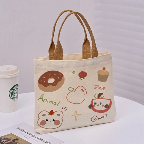Künstlerisch Segeltuch Lunchtasche Mit Süßer Cartoon Bär Bedruckt Handtasche Lässig Studenten Büchertasche
