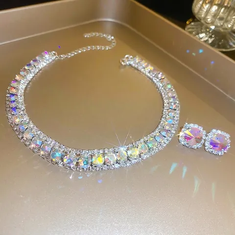 Set Collana E Orecchini Quadrati In Zircone AB Cangiante Per Donna Gioielli In Rame Tono Argento Elegante Lusso