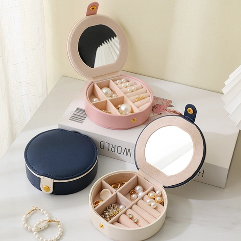 Boîte À Bijoux Ronde Cuir PU Organisateur Voyage Portable Avec Miroir Pour Bagues Boucles D'oreilles Colliers Doublure Velours