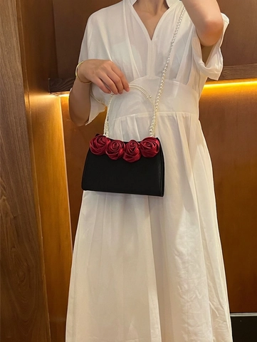 Bolso De Noche Vintage De Satén Con Rosas Asa De Perlas Artificiales Y Decoración Floral Para Mujer Fiesta De Boda Elegante