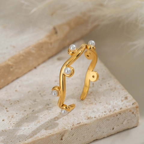 Wavy Stainless Steel Open Ring With White Artificial Pearls Gold Plated Waterproof Hypoallergenic Fashion Jewelry For Women
