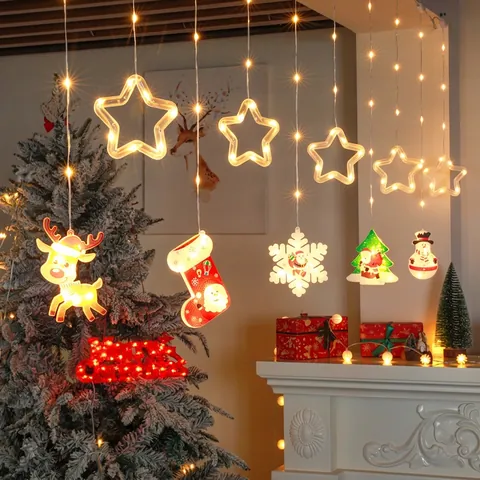 Luces LED Cortina Navidad Reno Copo Nieve Estrella Decoración Ventana Impermeable USB Alimentado Por Batería Control Remoto