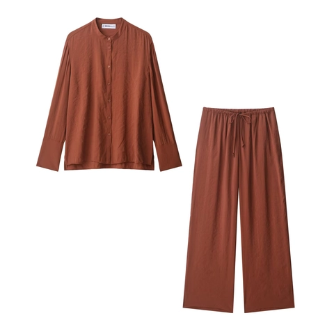 Damen Casual Terrakotta Polyester Zweiteiler Langarm Stehkragen Hemd Und Weithose Mit Kordelzug Streetwear