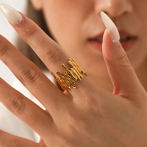 Lava Fluid Irregular Adjustable Ring 18K Gold Plated Stainless Steel Liquid Metal Style Fashion Jewelry For Women