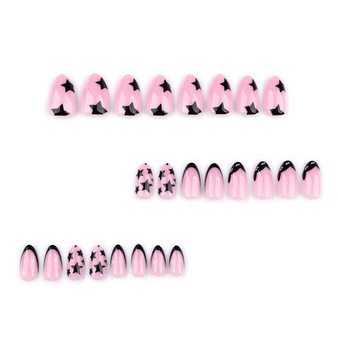 Press On Nails Black Star French Tip Short Almond Shape Glossy Pink False Nails For Women Sweet Cool Style Artificial Fingernails