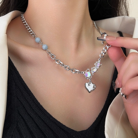 Collana Con Pendente A Cuore Acciaio Inossidabile Lega Catena Cubana Mista Perline Colorate Stile Punk Y2K